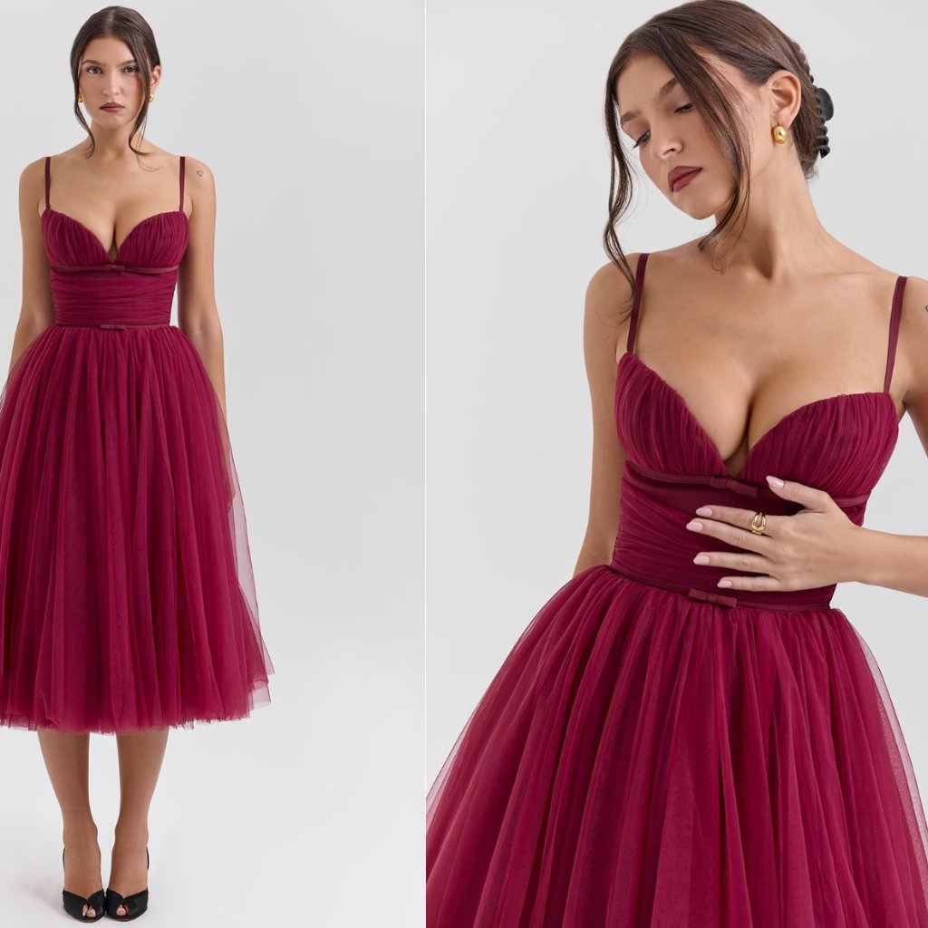 House Of Cb 'Countess' Cabernet Tulle Midi Dress Nwot